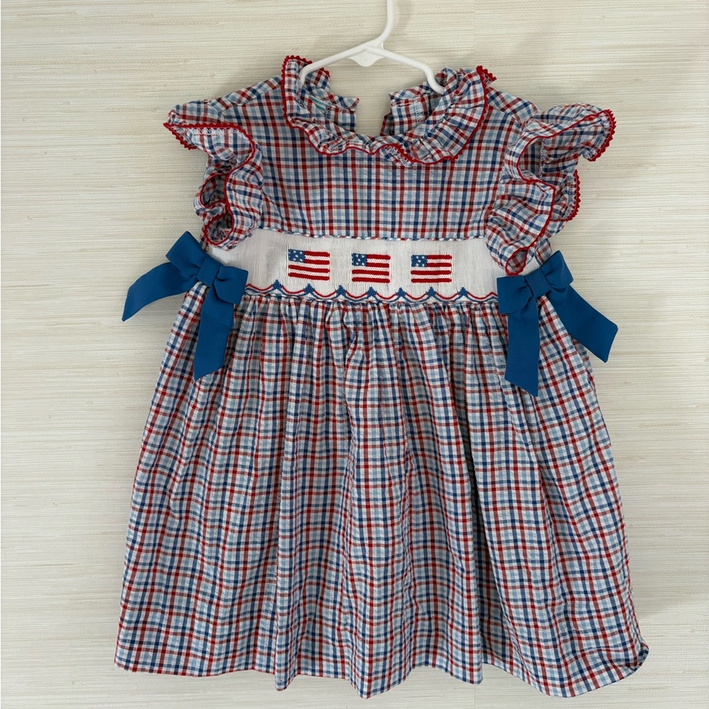 Smocked Red, White & Blue Plaid Girls Dress with Blue Bows